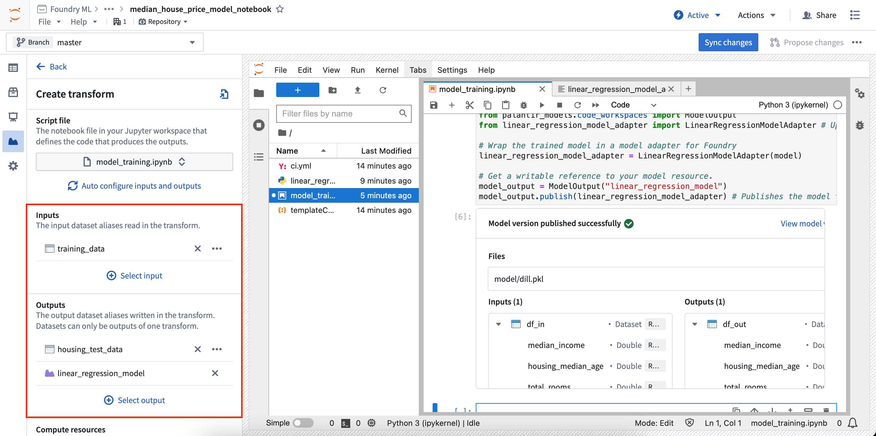 Model output transform configuration page.