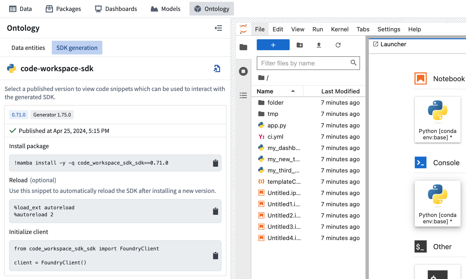 Expanded snippets under a published SDK version in the "SDK generation" tab of the Ontology side panel