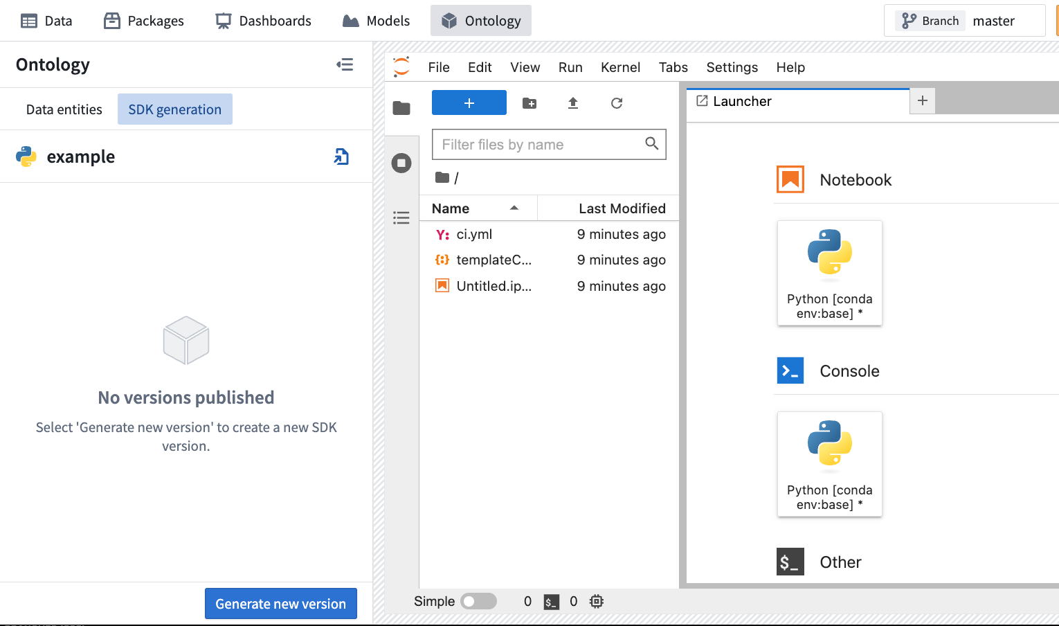 "SDK generation" tab of the Ontology side panel