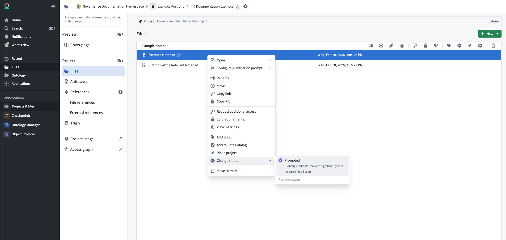 The context menu for a resource showing the Change status option with the Promoted submenu.