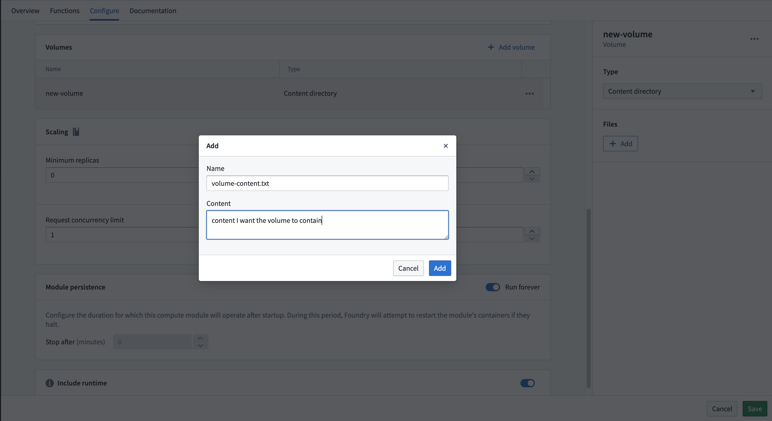 The content directory editor with name and content fields for adding files.