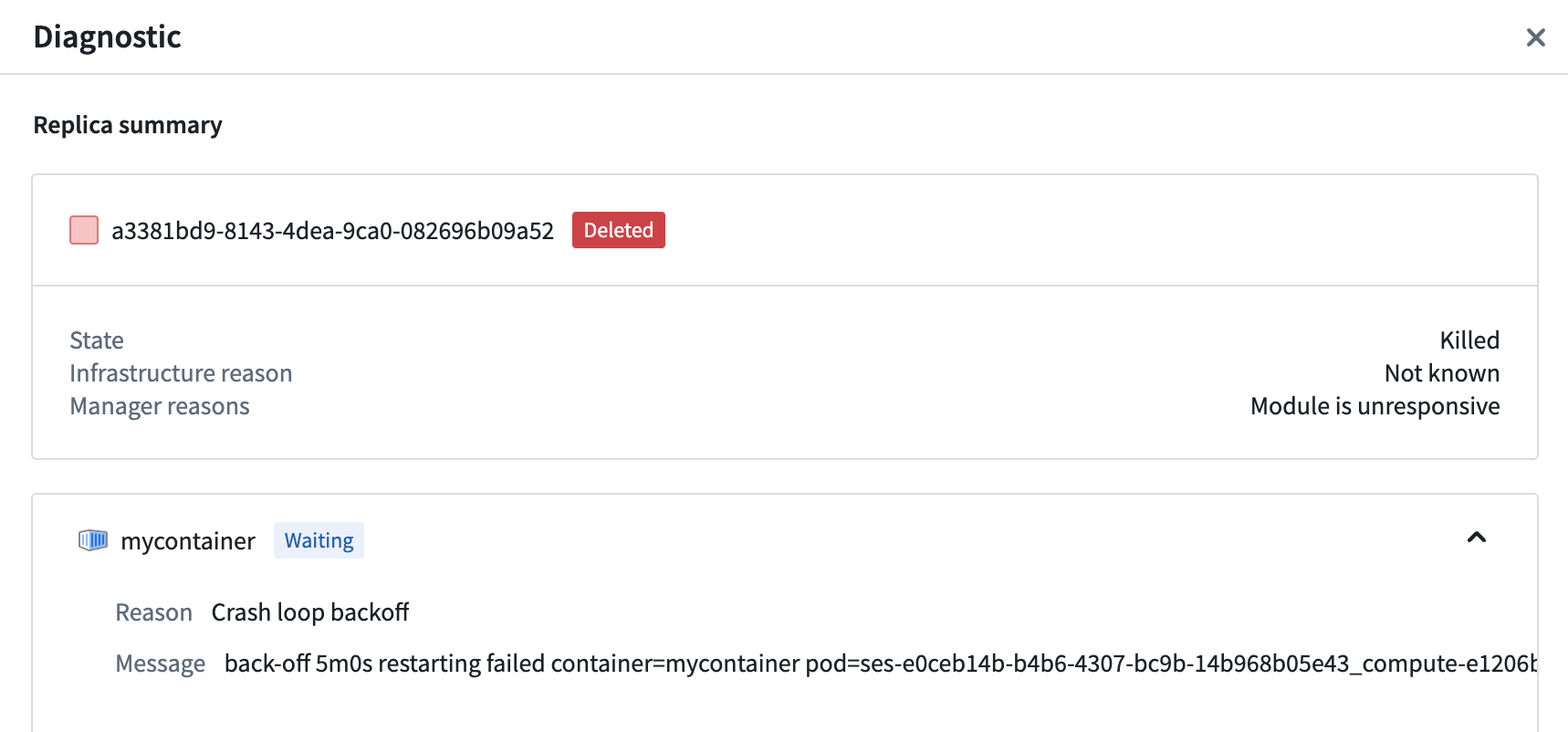A CrashLoopBackOff error displayed in the replica diagnostics panel.