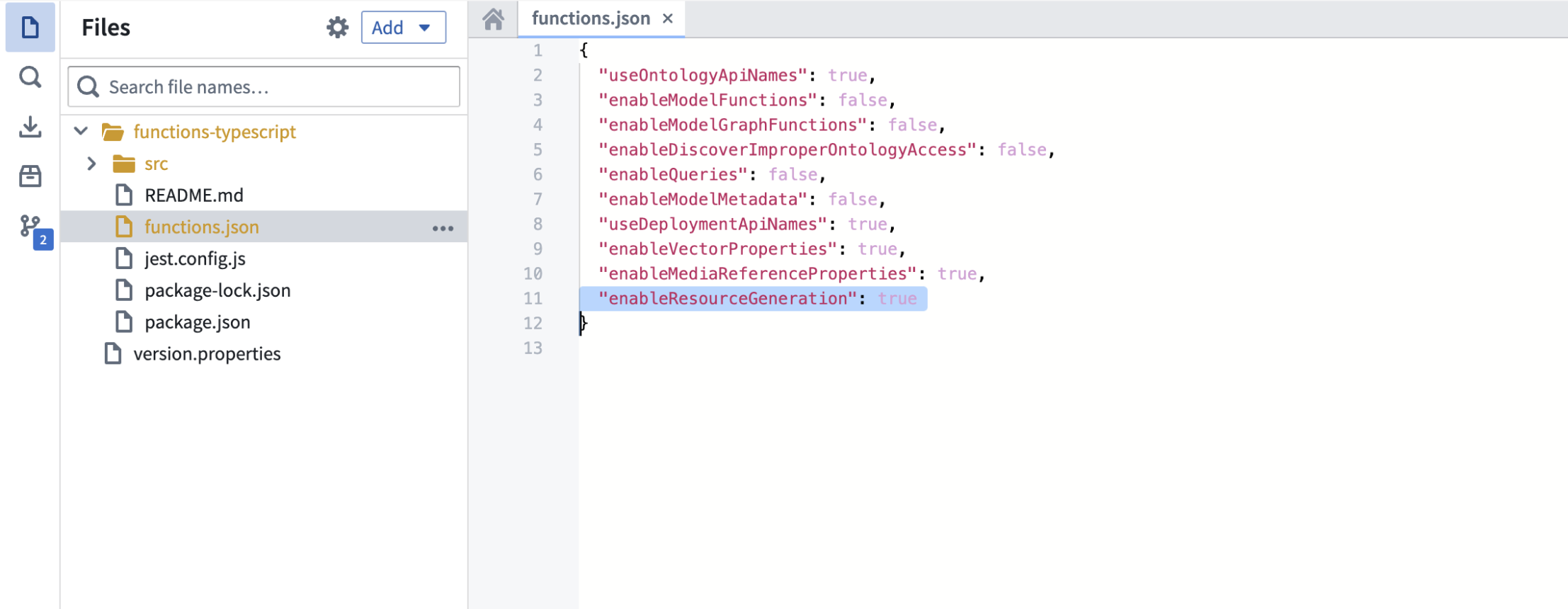 The resource generation setting enabled in the functions.json file.