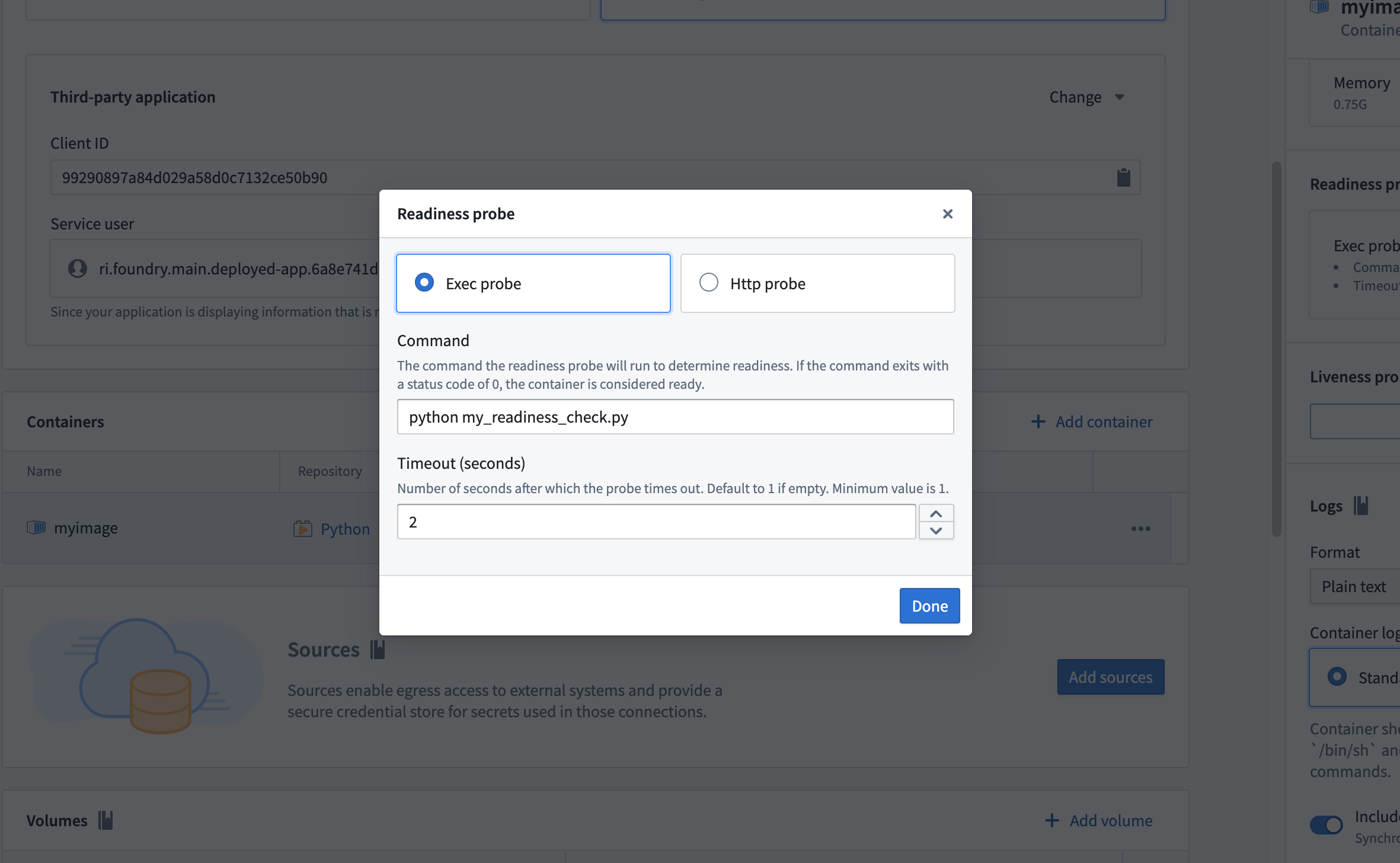 The exec probe configuration dialog with command and timeout fields.