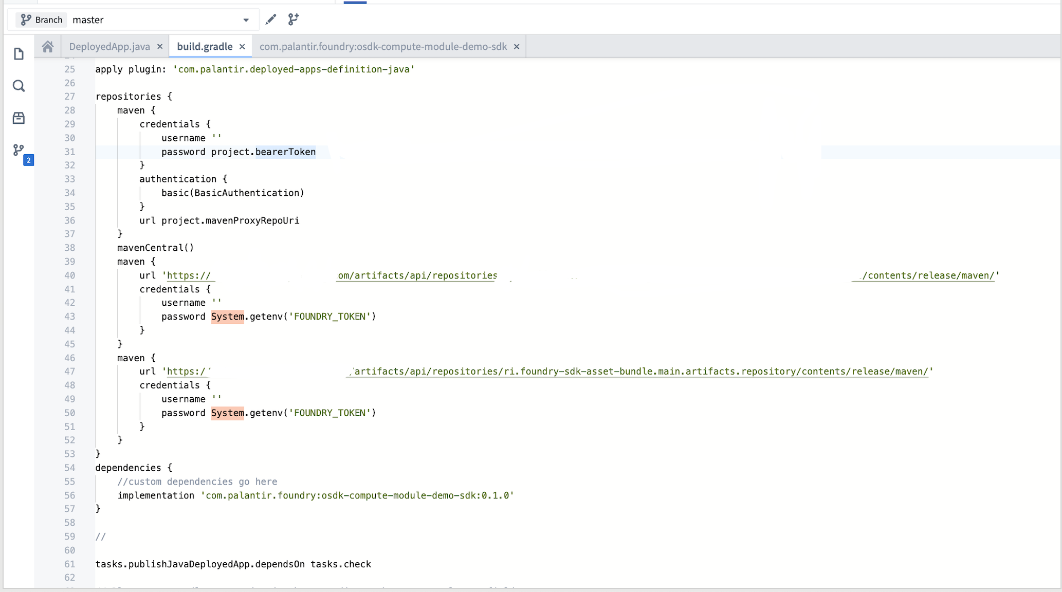 The build.gradle file with the OSDK Maven dependency added.