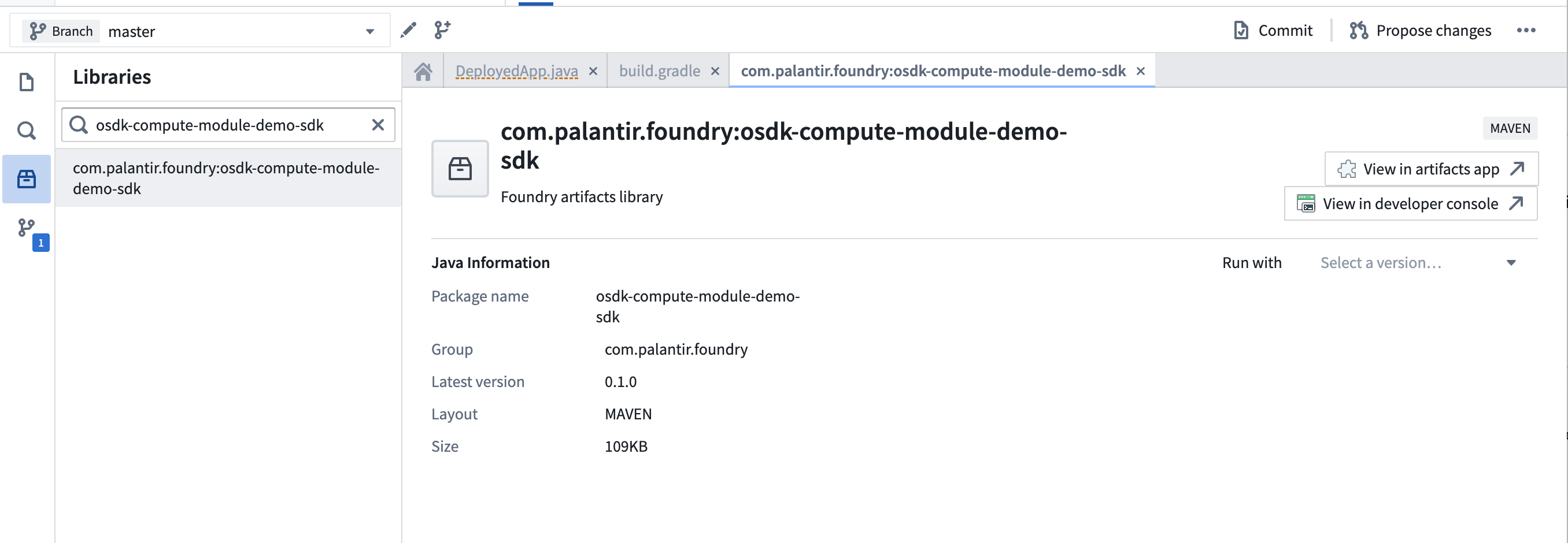 The Libraries panel in a Java Code Repository showing the Maven SDK search result.