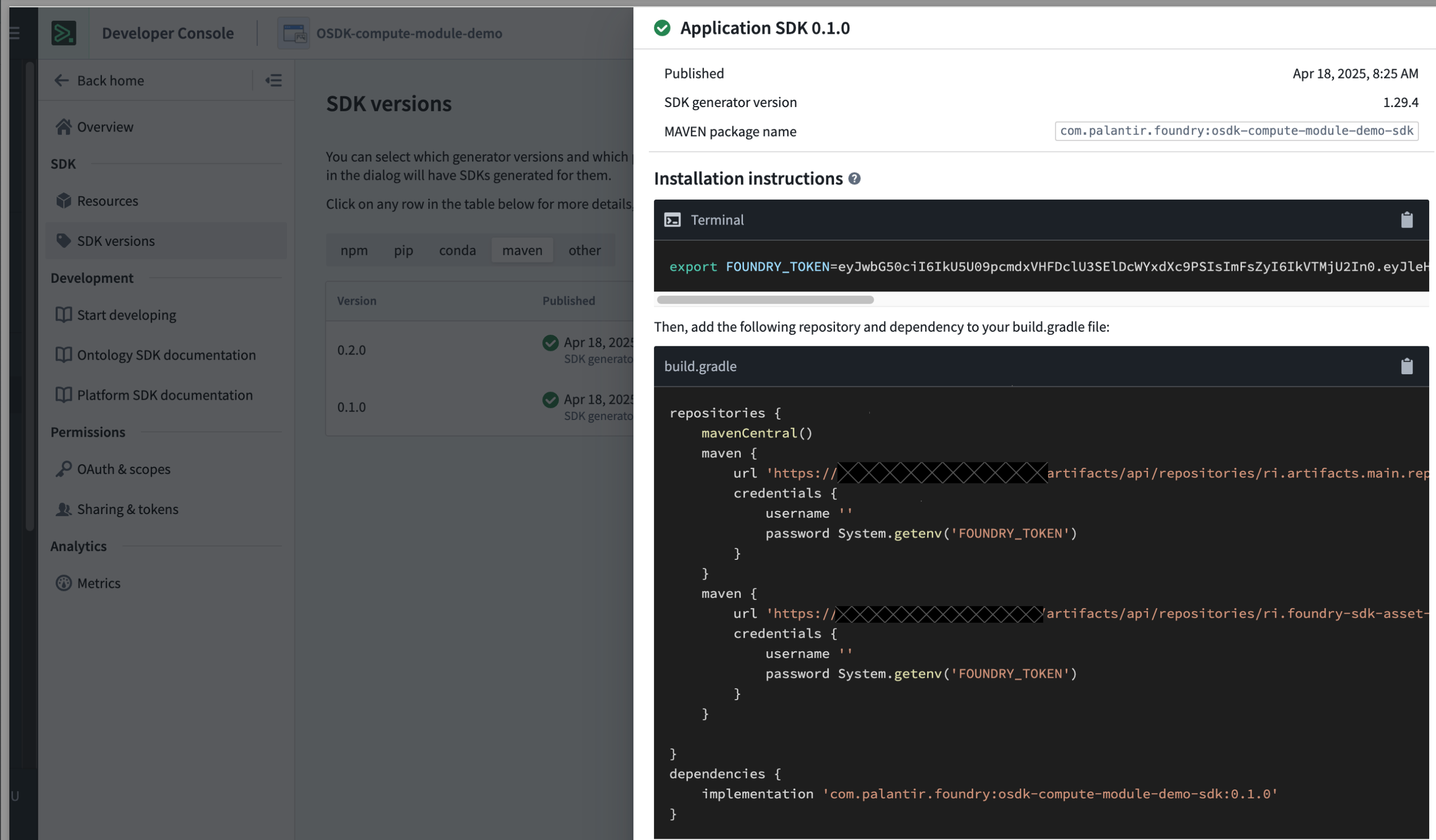 The Maven SDK locator generated in Developer Console for Java compute modules.