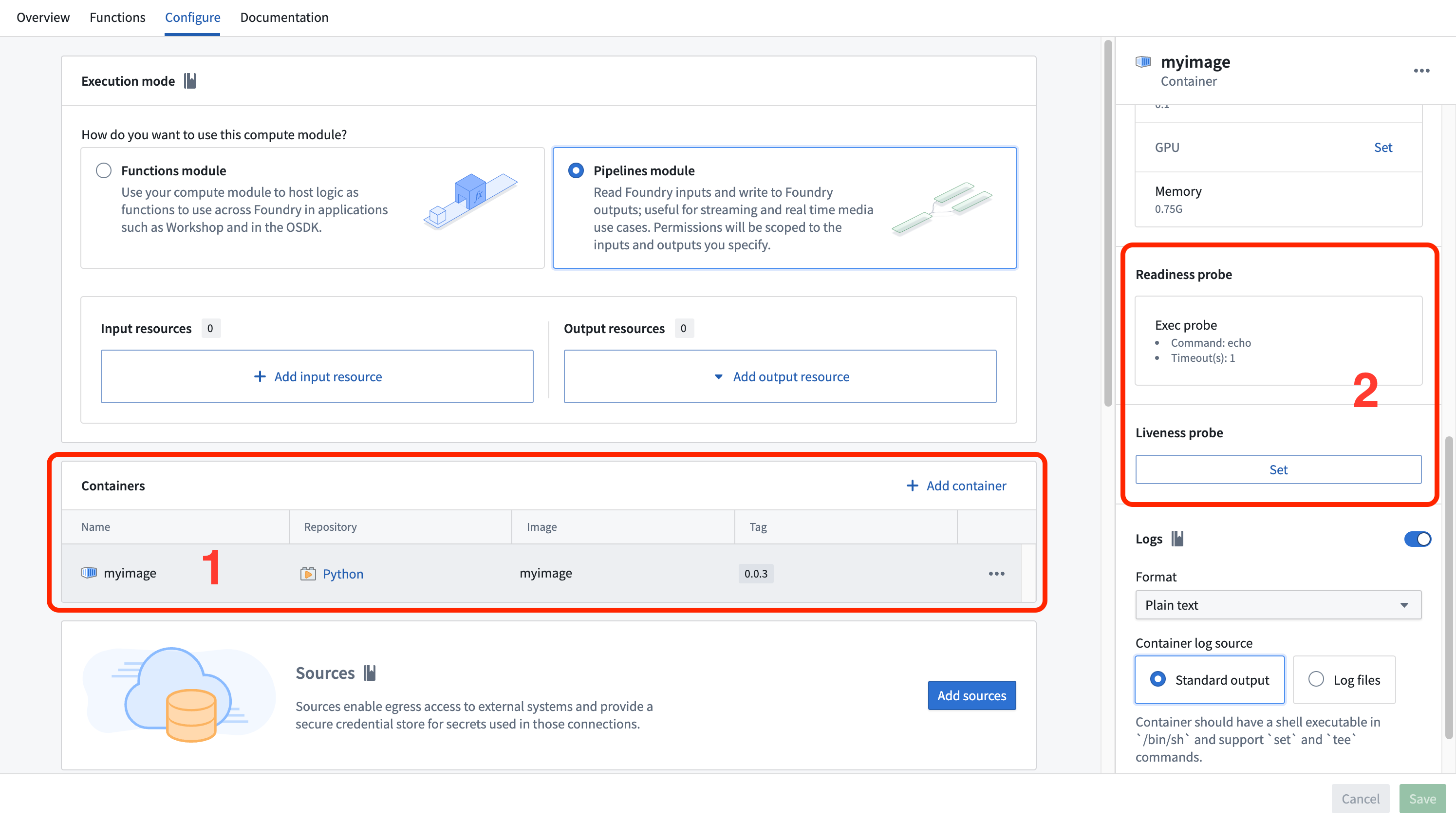 The probe configuration section in the Containers settings panel.
