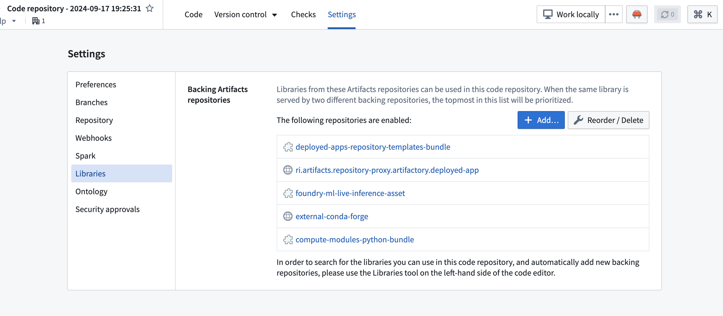 The Libraries panel in a Python Code Repository for adding dependencies.