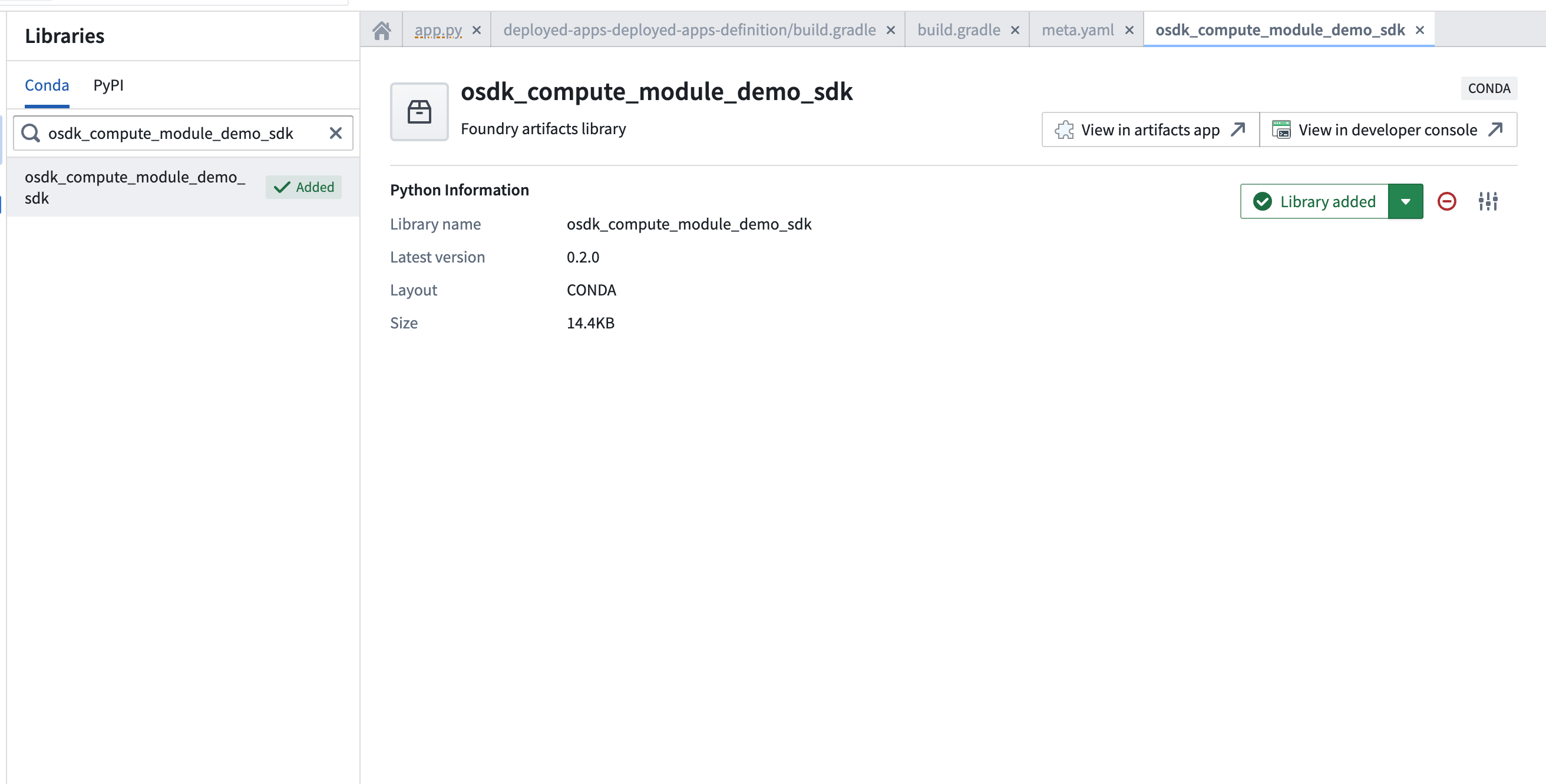 The Libraries panel in a Python Code Repository showing the Conda SDK search result.