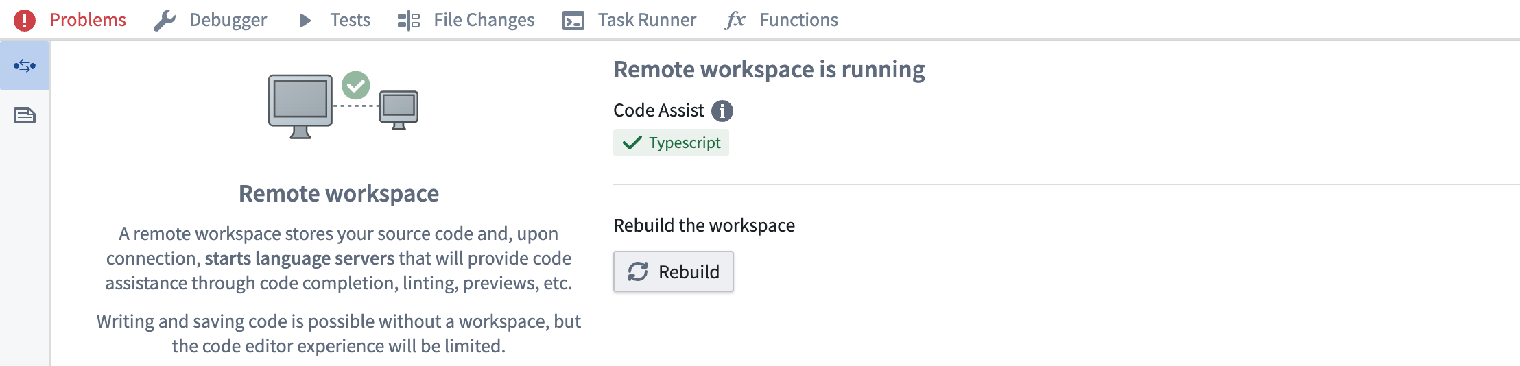 Rebuild your code workspace from the bottom panel in the Code Workspaces application.