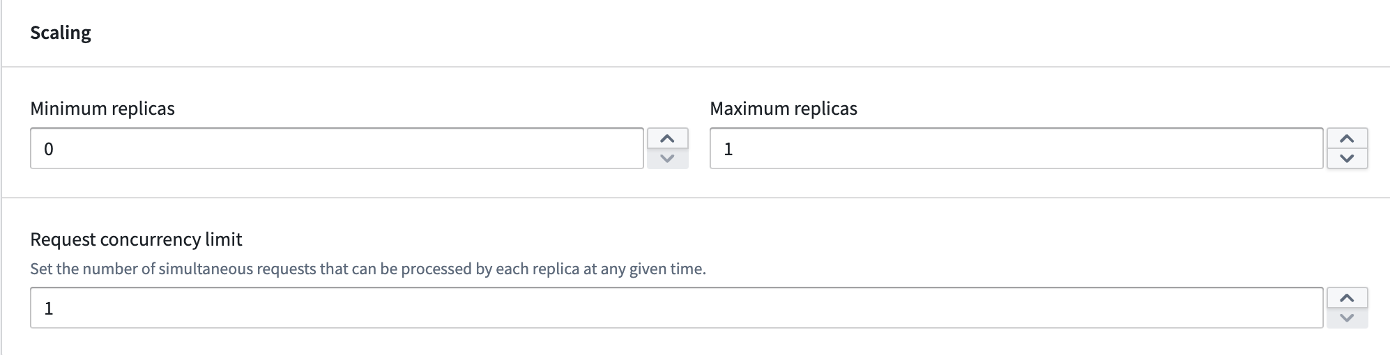The scaling configuration panel showing replica limits, concurrency, and autoscaling settings.