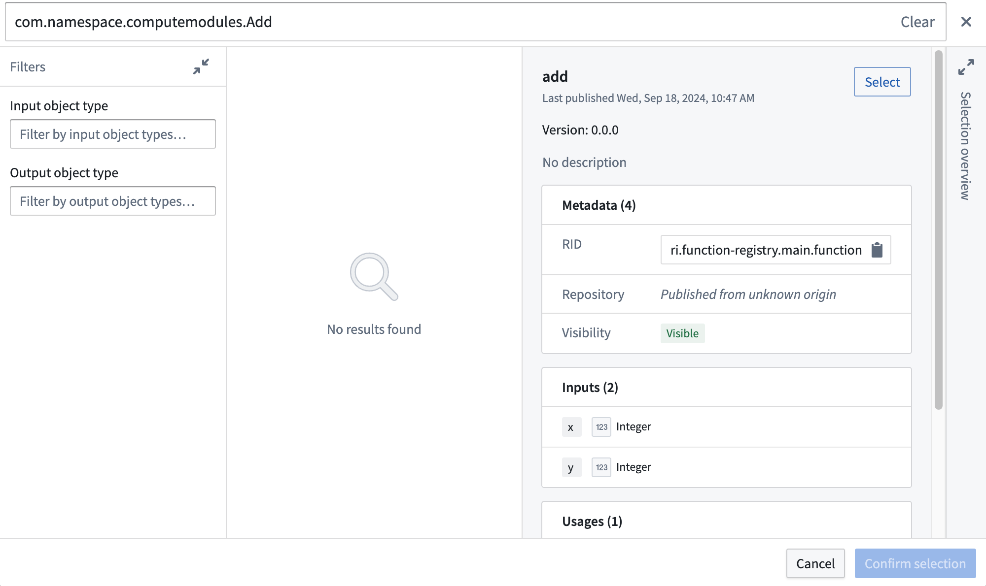 The function selection dialog for importing a compute module function.