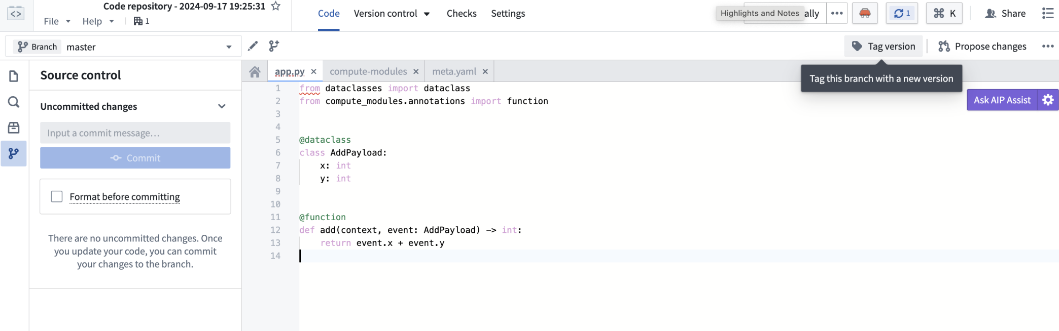 The tag version interface for creating a versioned container image from a Code Repository.