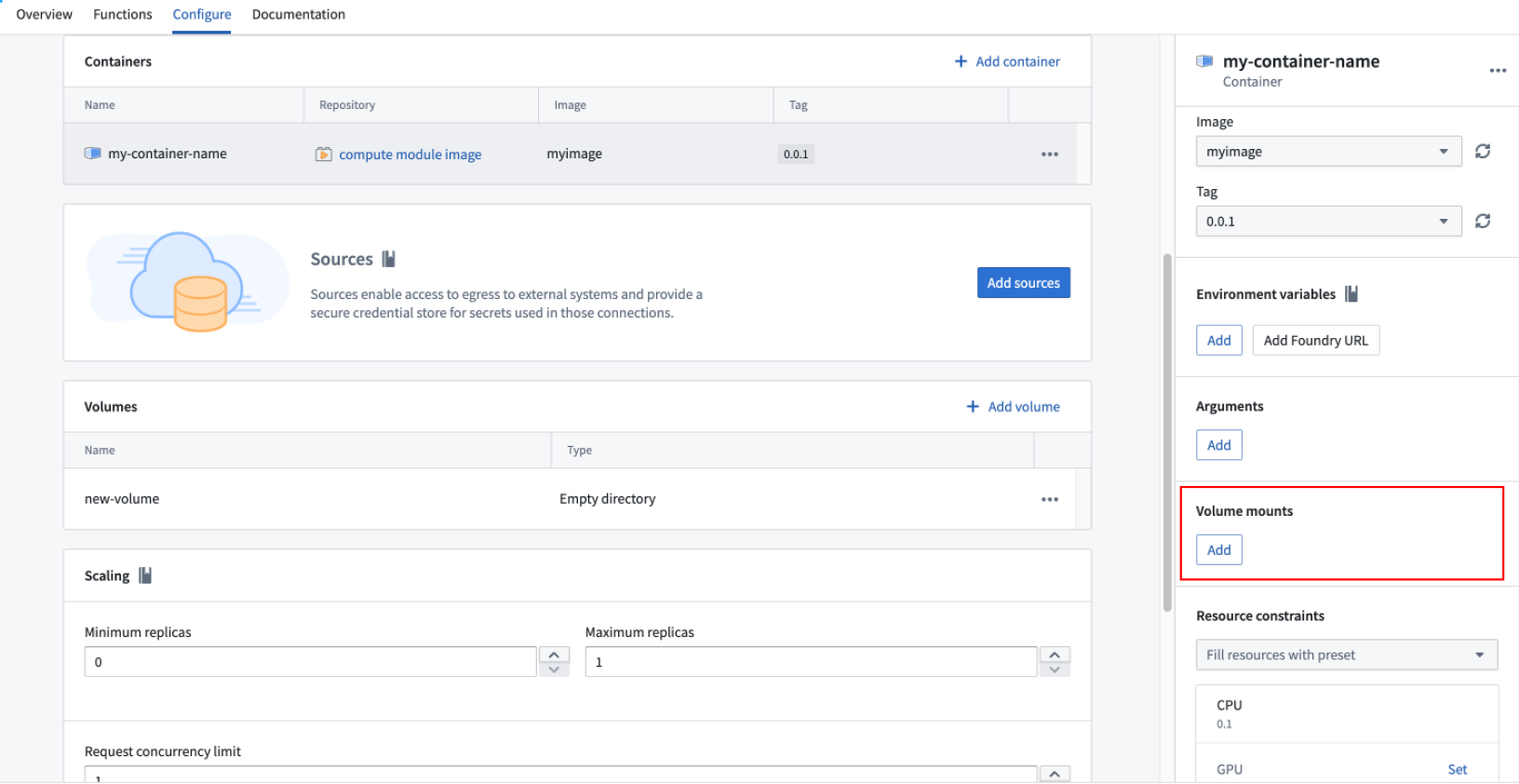 The volume mounts section in the container settings panel.