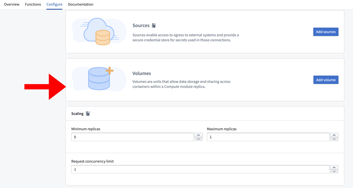 The volumes configuration section on the Configuration tab.