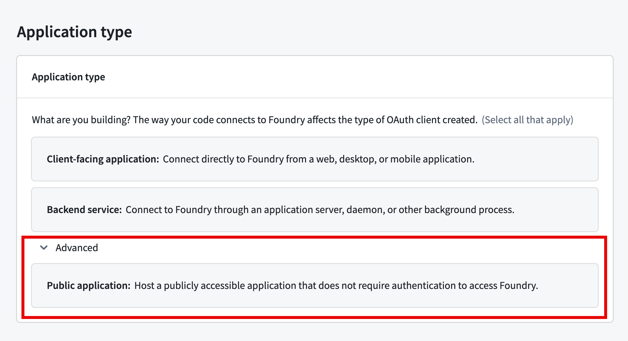 The option to create a Public Application is displayed in the Application type panel.