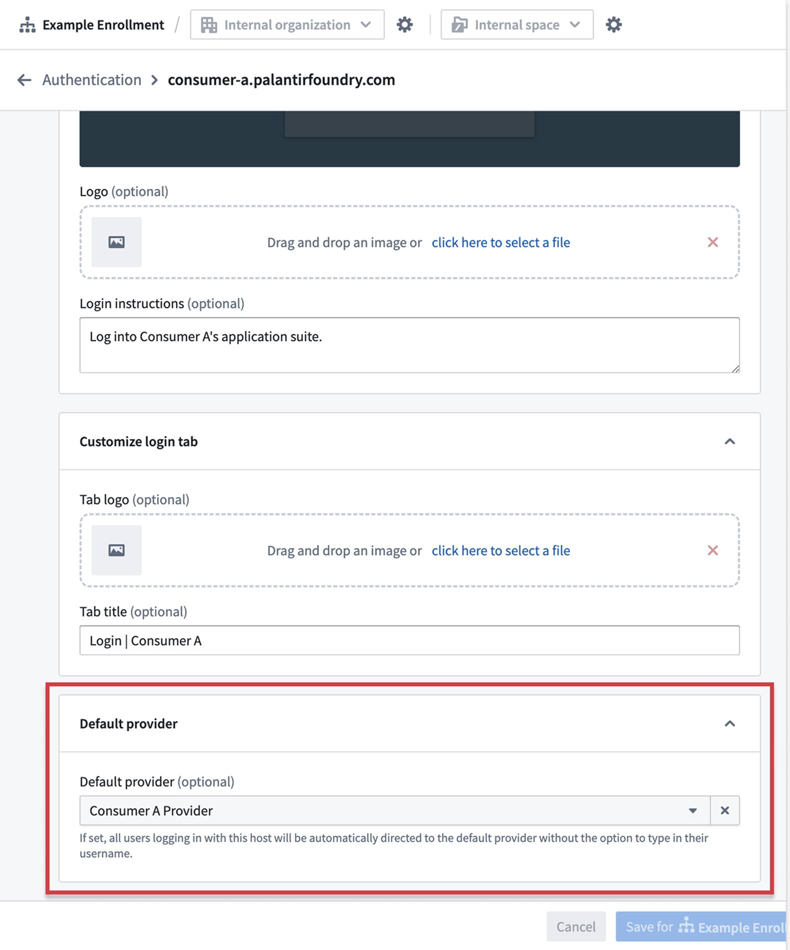 The Default provider setting for a host within the hosts tab in the Authentication extension.