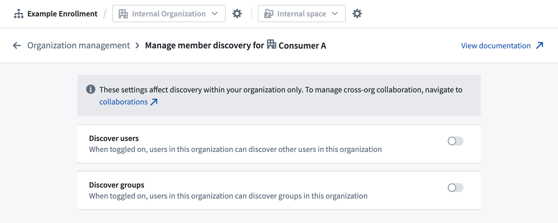 The Manage member discovery extension showing the discoverability toggles in the disabled position.
