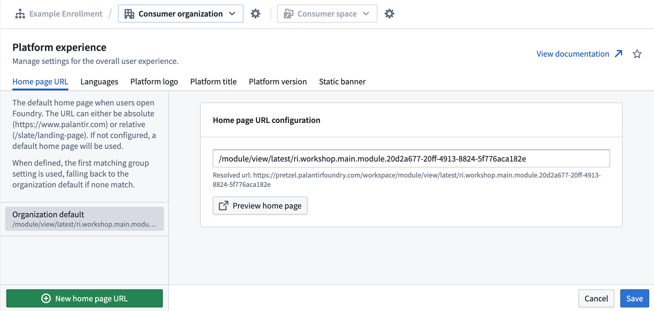 The home page URL tab within the Platform experience extension that shows a relative url as the organization default.
