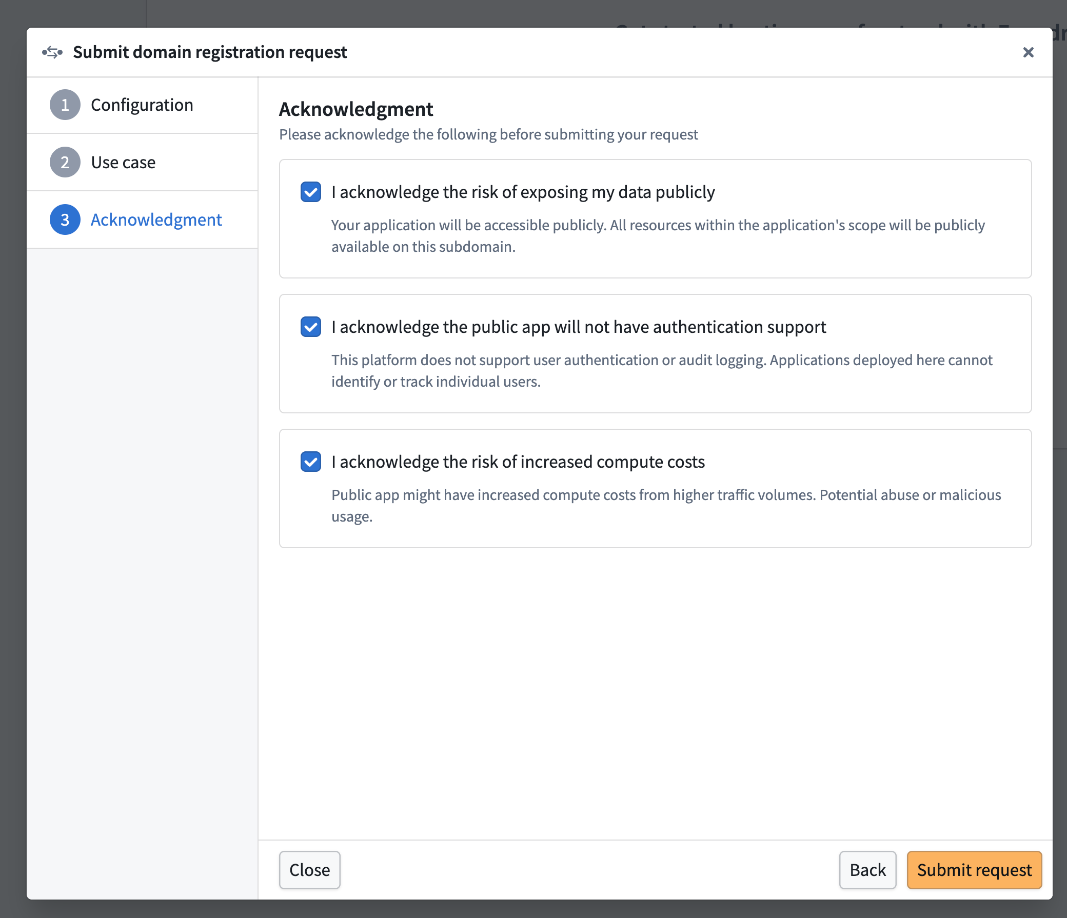 The Acknowledgement section of the Submit domain registration request modal is displayed.
