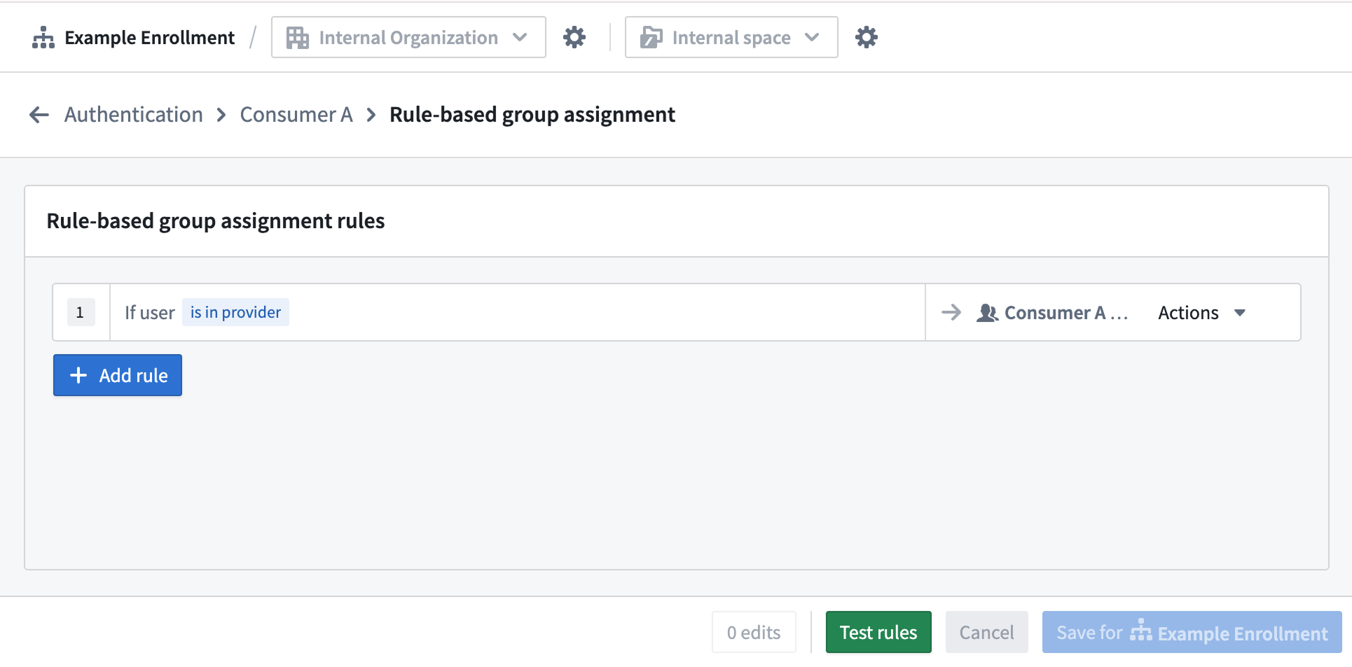 The configuration for Rule-based group assignment within the Authentication extension.