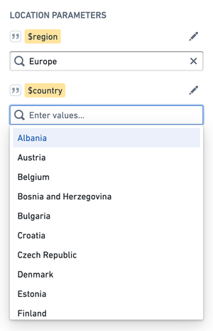 The suggested values for the country parameter have been filtered to Europe