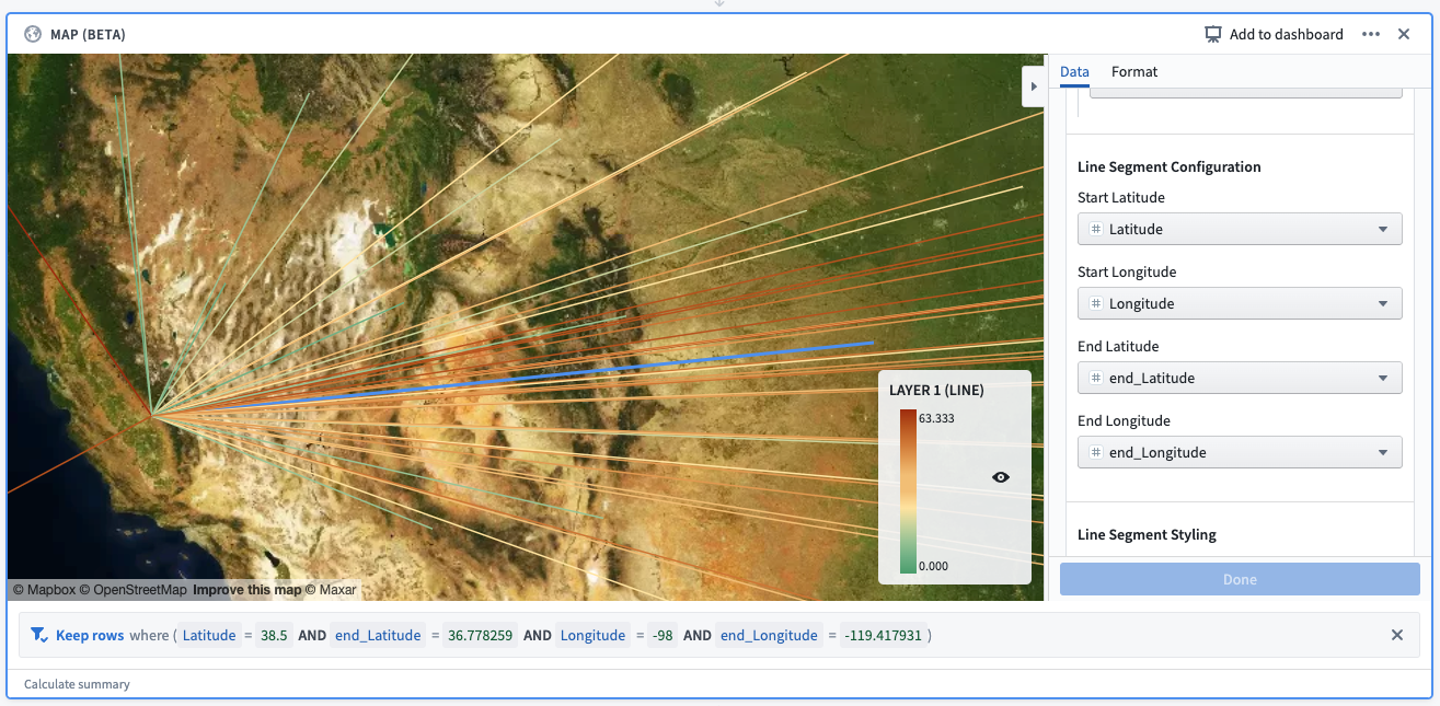 Example: A selection made on a line segment layer. The selection creates a filter, which reads: “Keep rows where (Latitude = 38.5 AND end_Latitude = 36.778259 AND Longitude = -98 AND end_Longitude = -119.417931).” 