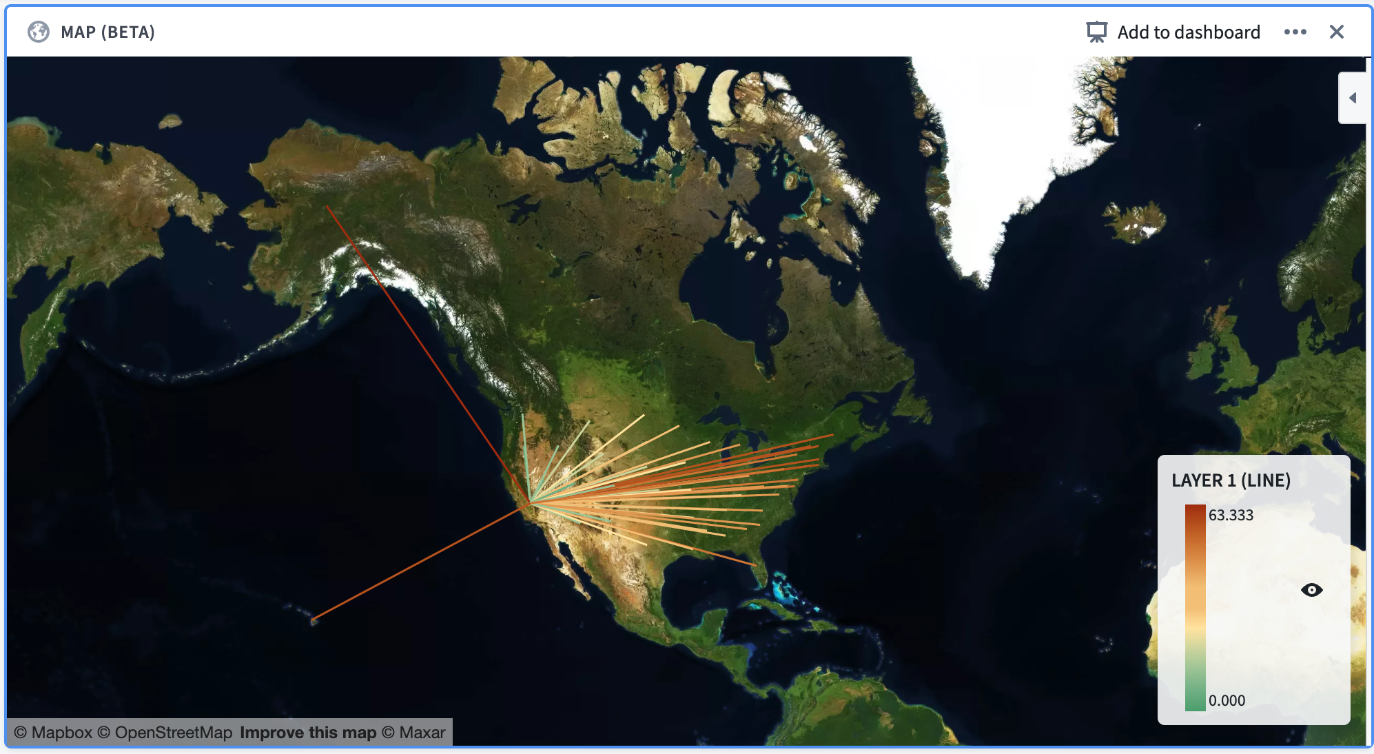 Example: A map of the United States, with line segments that start in the center of each state and end in California. The line segments are colored according to their distance from California.