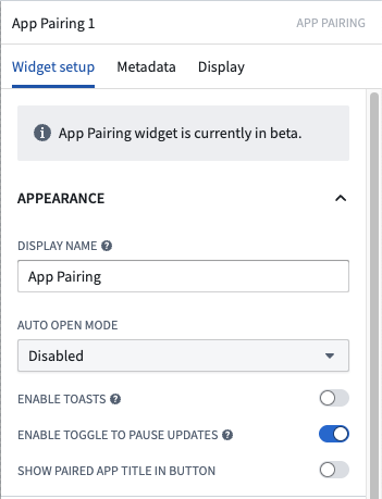 The Appearance section of the App Pairing widget's configuration panel is displayed.