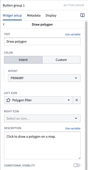 The Widget setup panel in a button's configuration window is displayed.