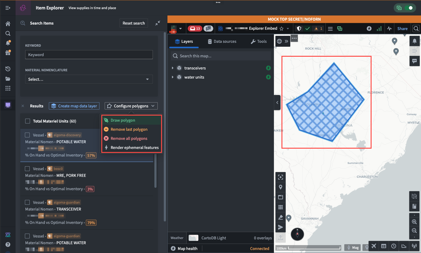 A Workshop module displays an embedded Gaia map with commands enabling a user to draw, remove, and render map annotations, such as a polygon.