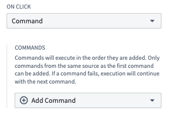 The On click menu in a button's configuration panel displays the command option.