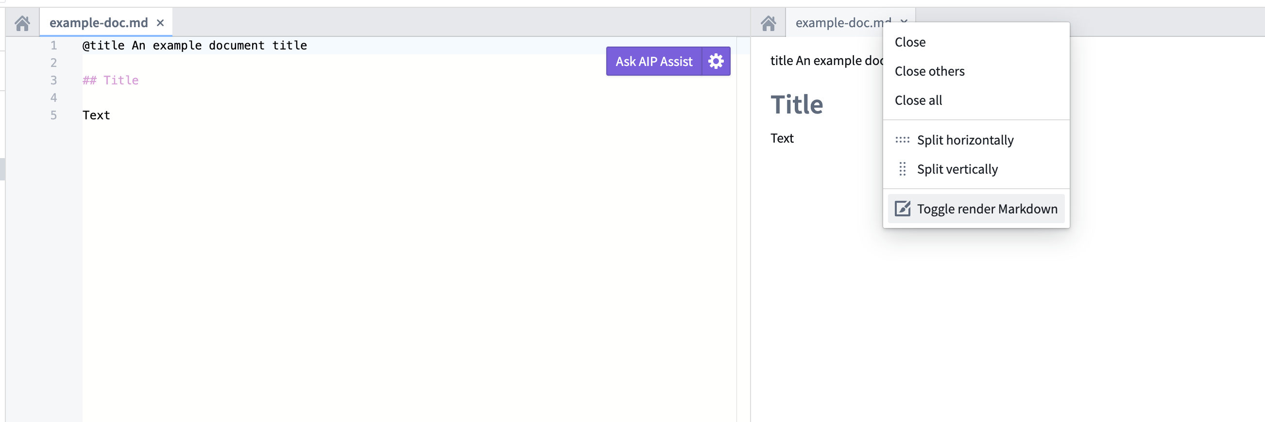 Screenshot of split-view Markdown preview with "Toggle render Markdown" selected.