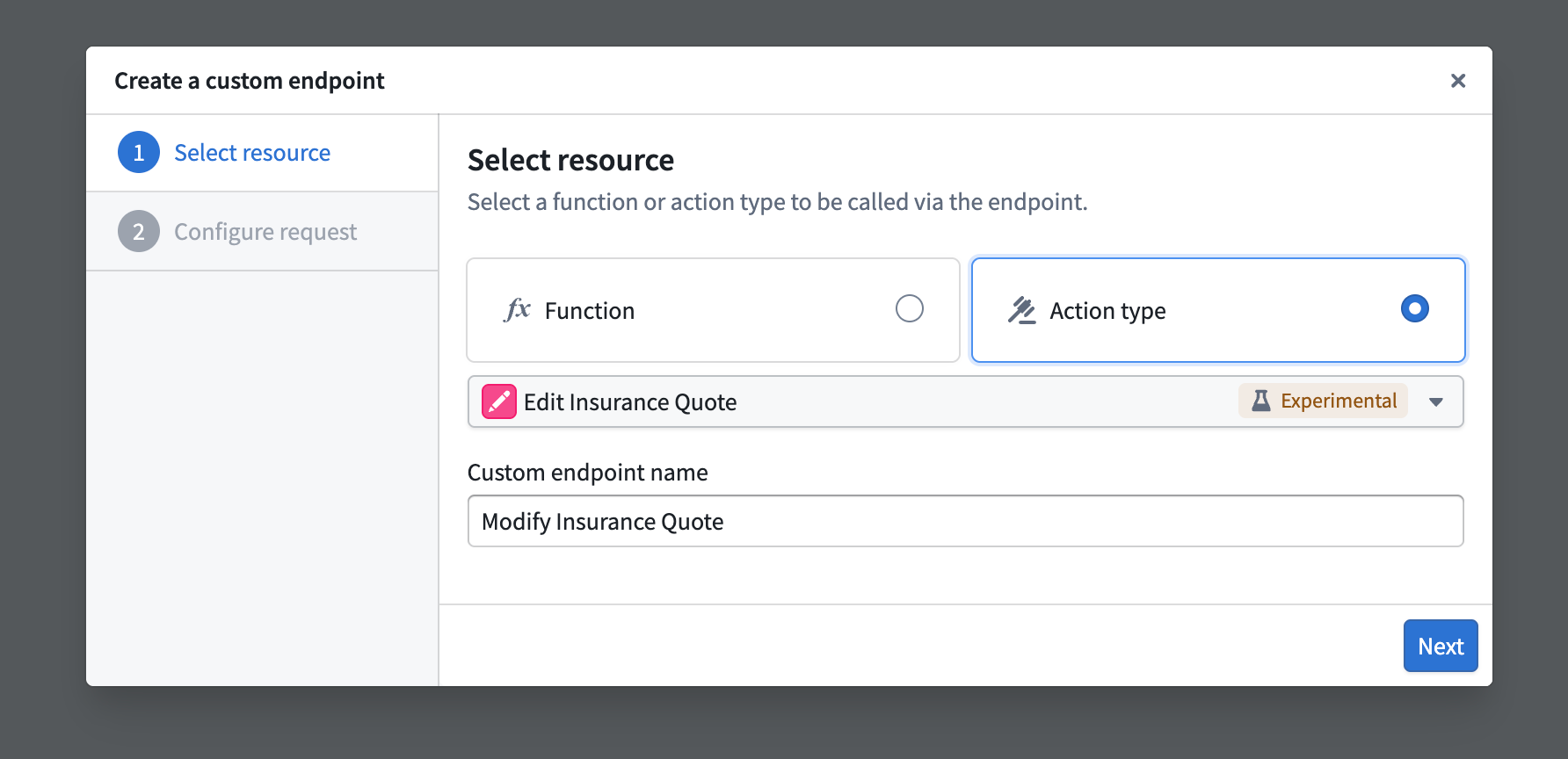 Selecting an ontology execution type and a custom endpoint name.