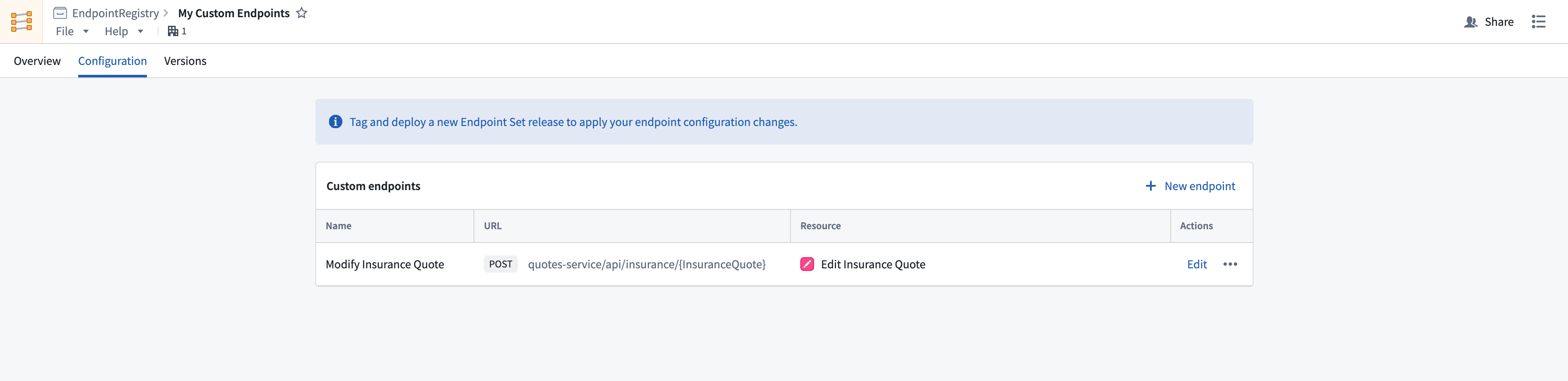A newly created custom endpoint defintion.