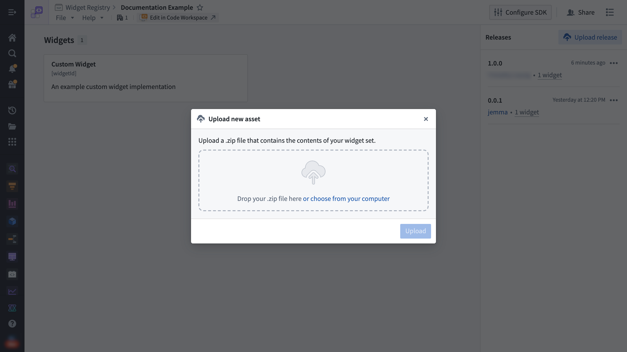 The dialog for manually uploading a .zip archive file in the user interface.