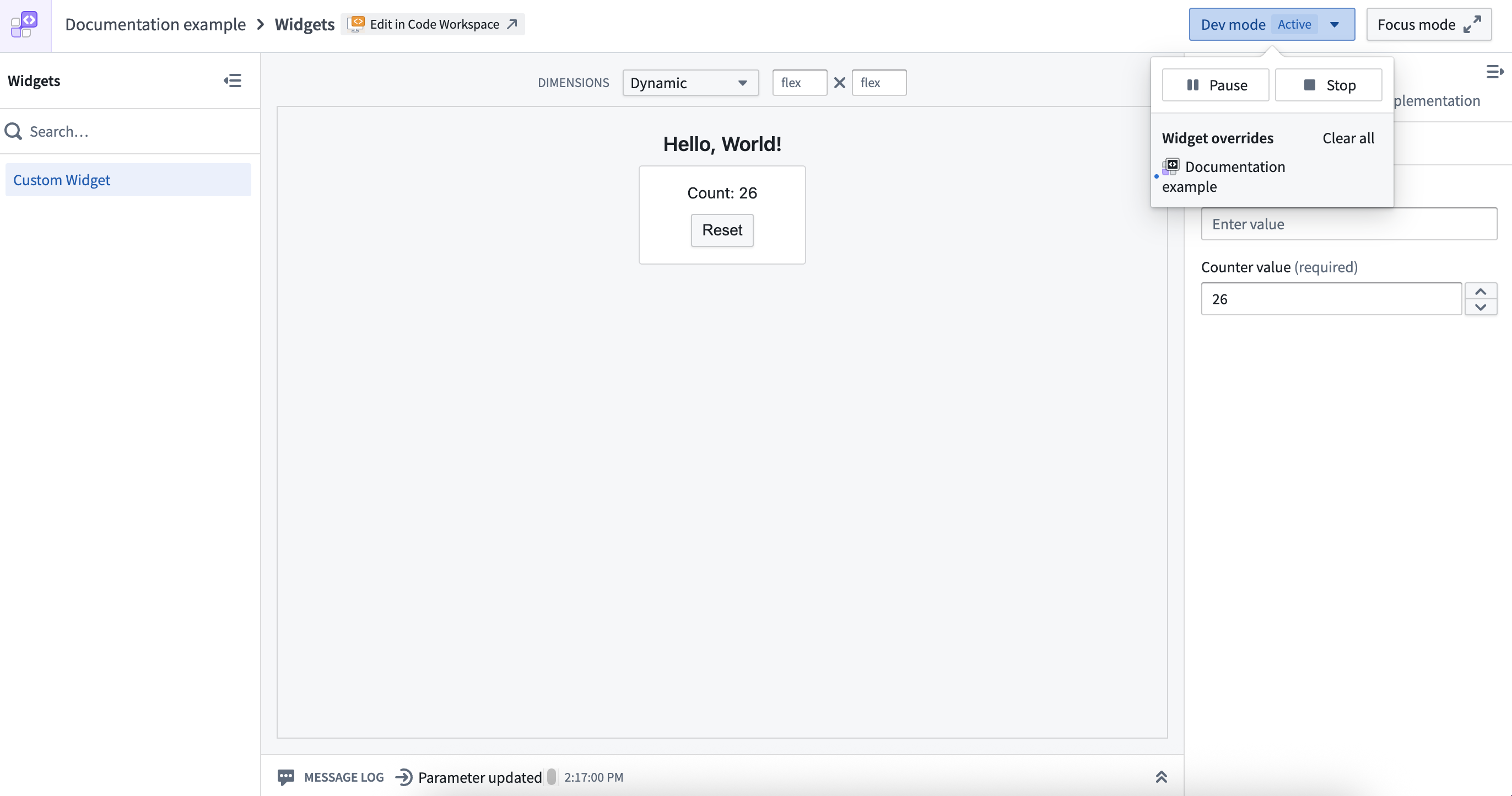 The widget in dev mode in the custom widgets playground.