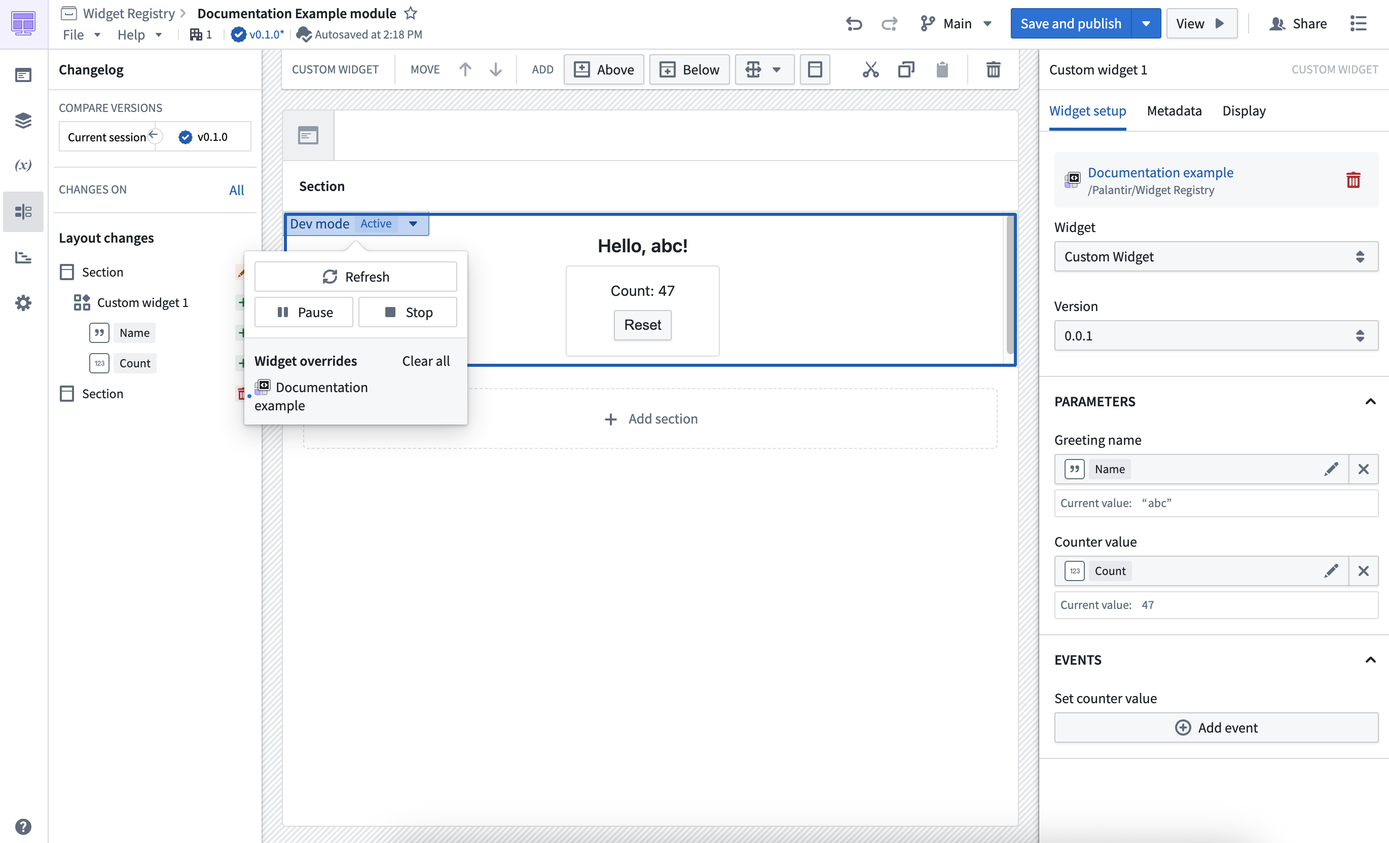 The widget in dev mode in Workshop.