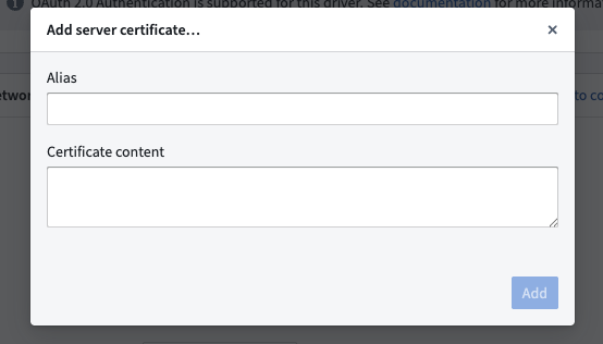 The fields to enter the alias and server certificate content.