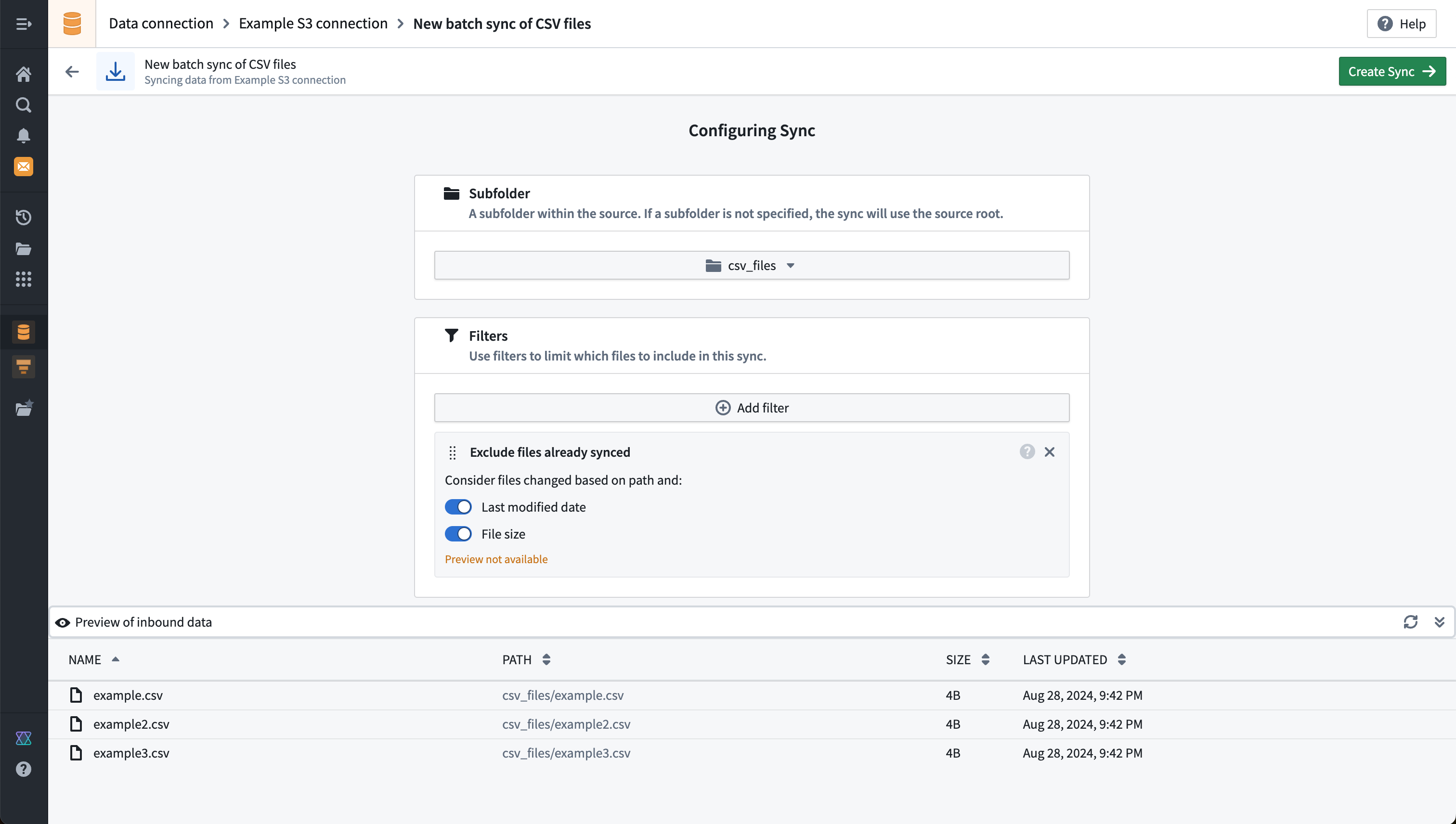 Example of a batch sync from S3 showing a preview of three CSV files in a subdirectory.