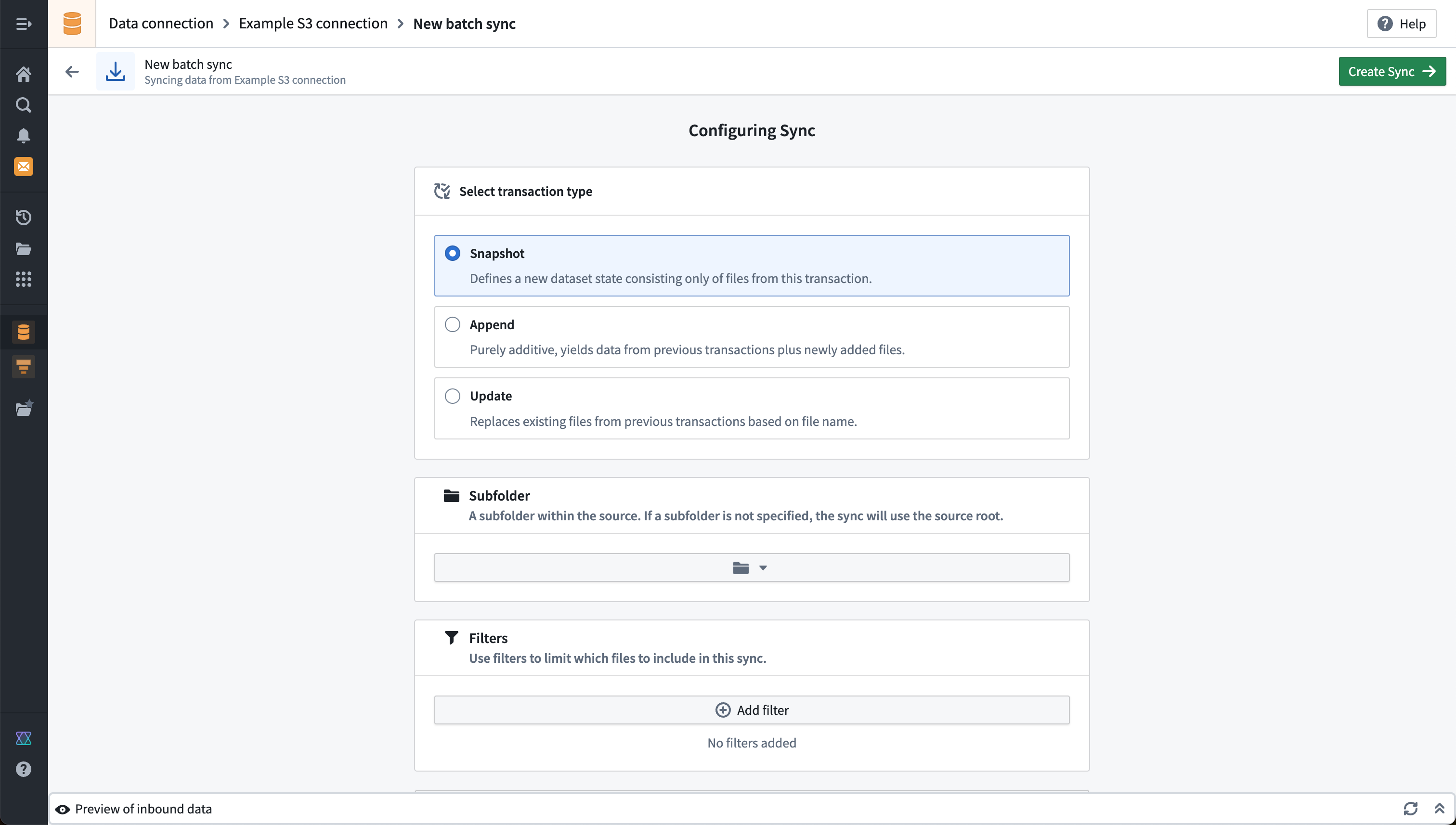 An example batch sync configuration for an S3 source.