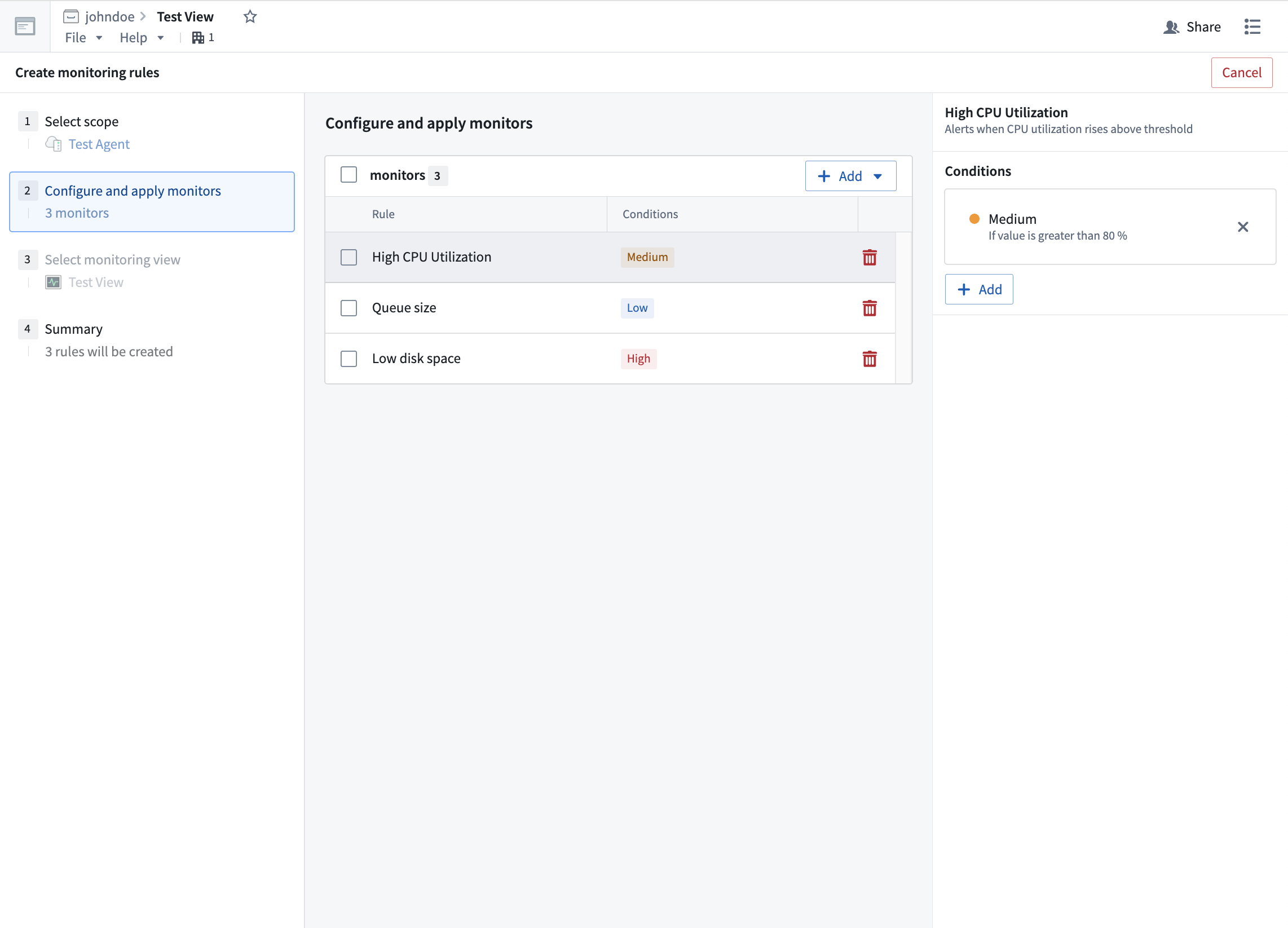 The Create monitoring rules tab, in which the user has applied alerts for CPU utilization, queue size, and low disk space for a test source.