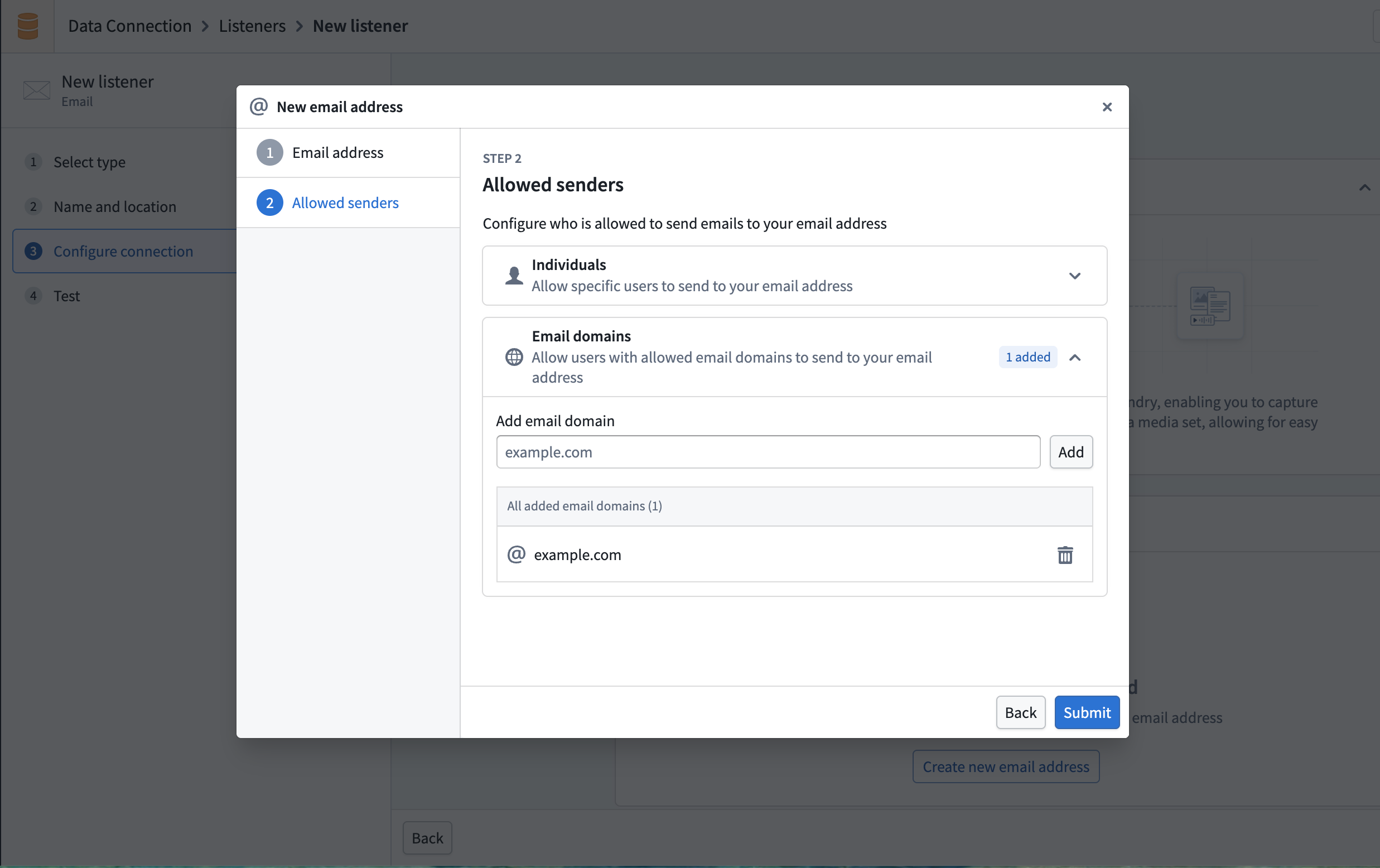 The connection configuration page showing the sender allowlist settings.