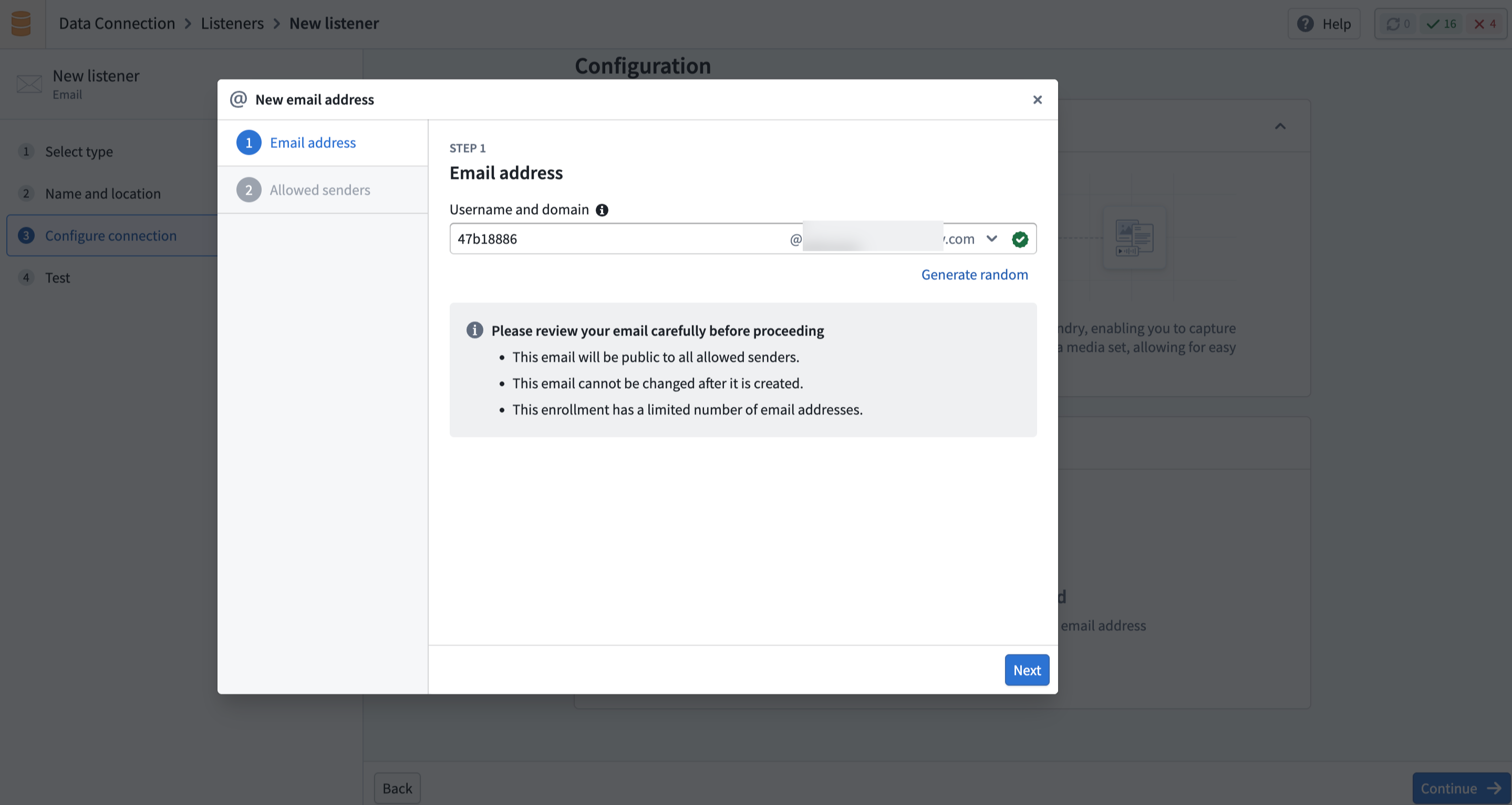 The connection configuration page with the email address field.