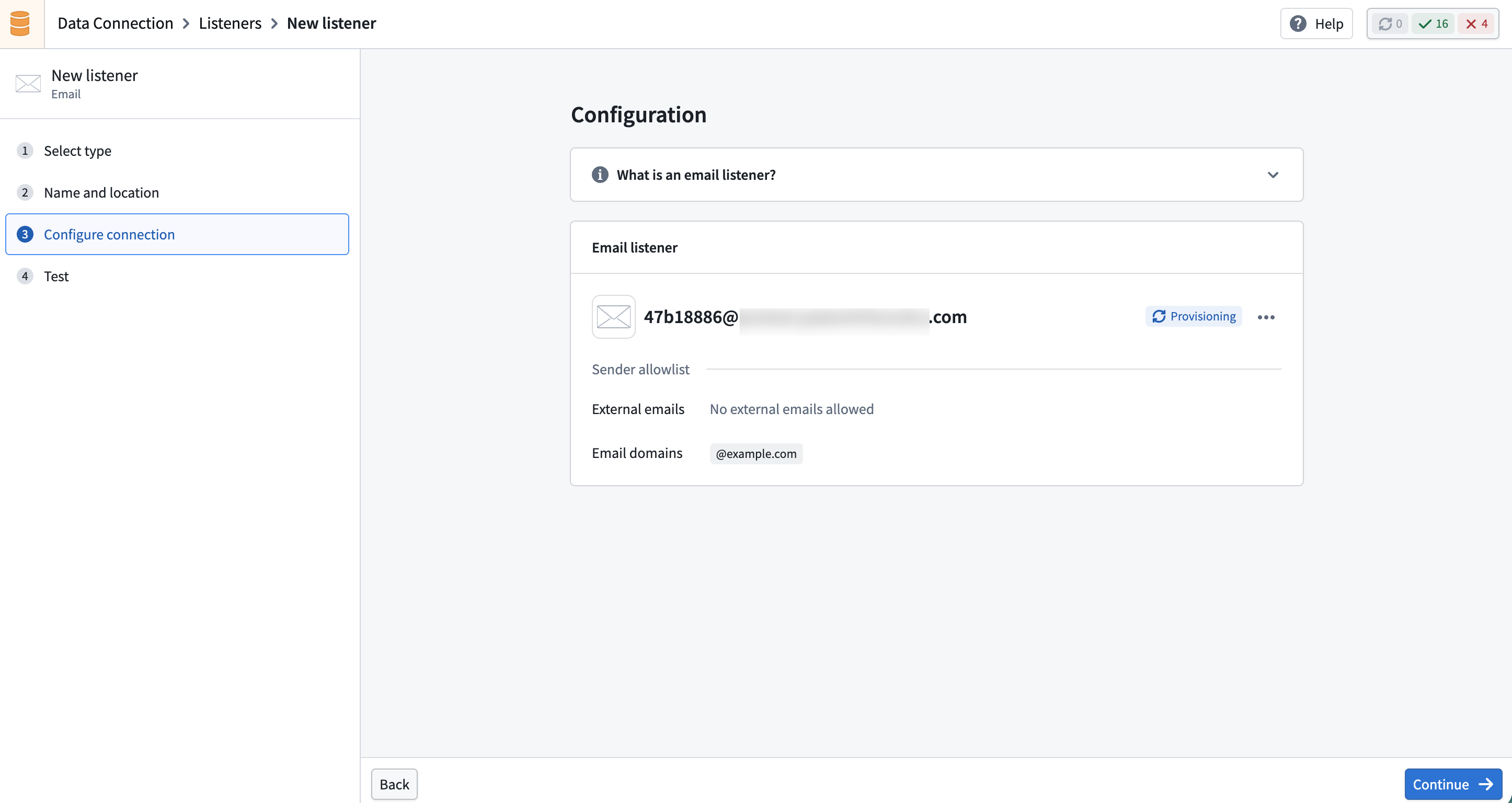 The listener detail page showing the provisioning state.