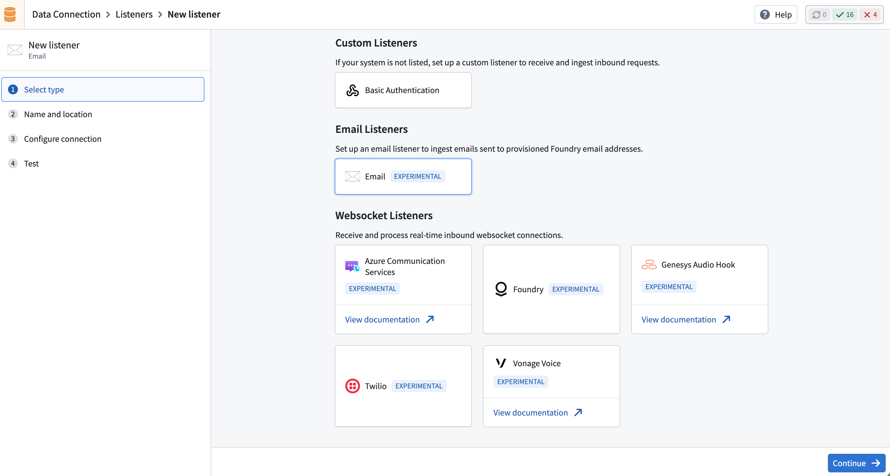 The listener selection page showing the email listener option.
