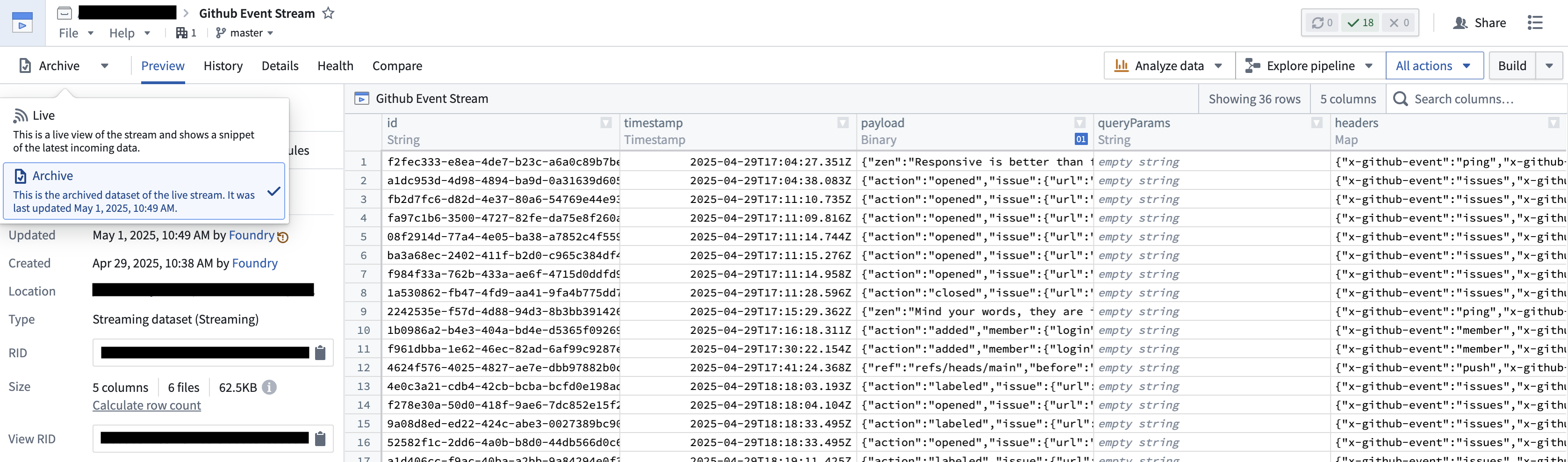 Switch to archive mode on your event stream to access the underlying dataset.