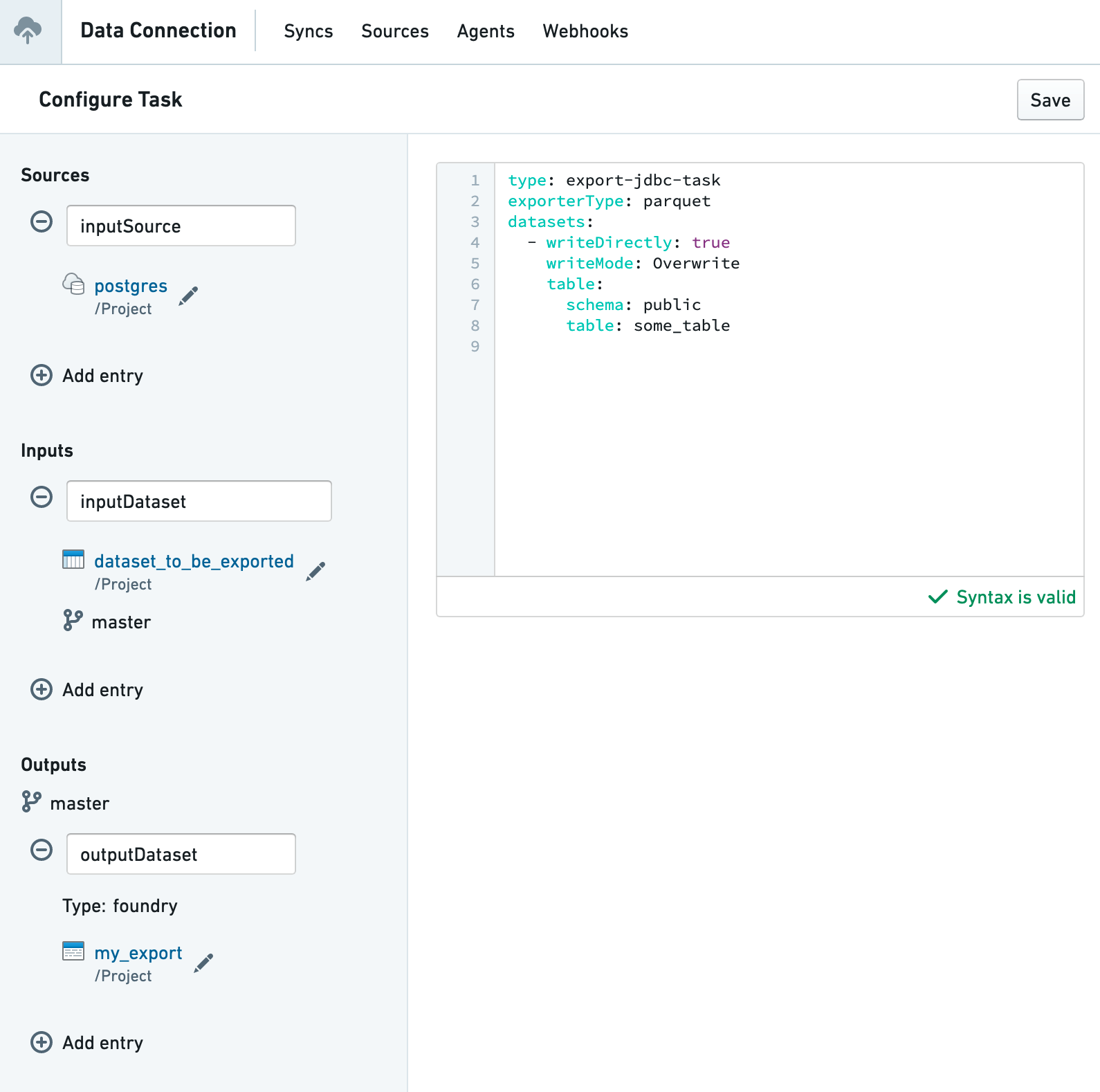This screenshot shows the Task Editor UI with an export task configuration including inputSource, inputDataset, and outputDataset fields.