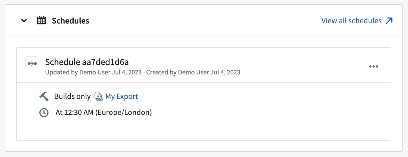 A preview of a schedule set to build an export job at 12:30am in Europe/London time.